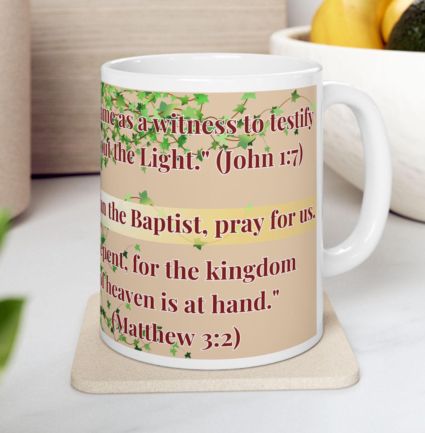 Orthodox Christian 11oz ceramic mug with a vibrant St. John the Baptist design. Durable, microwave- and dishwasher-safe, perfect for coffee or tea. Ideal for baptisms, name days, or as a meaningful gift for any religious occasion