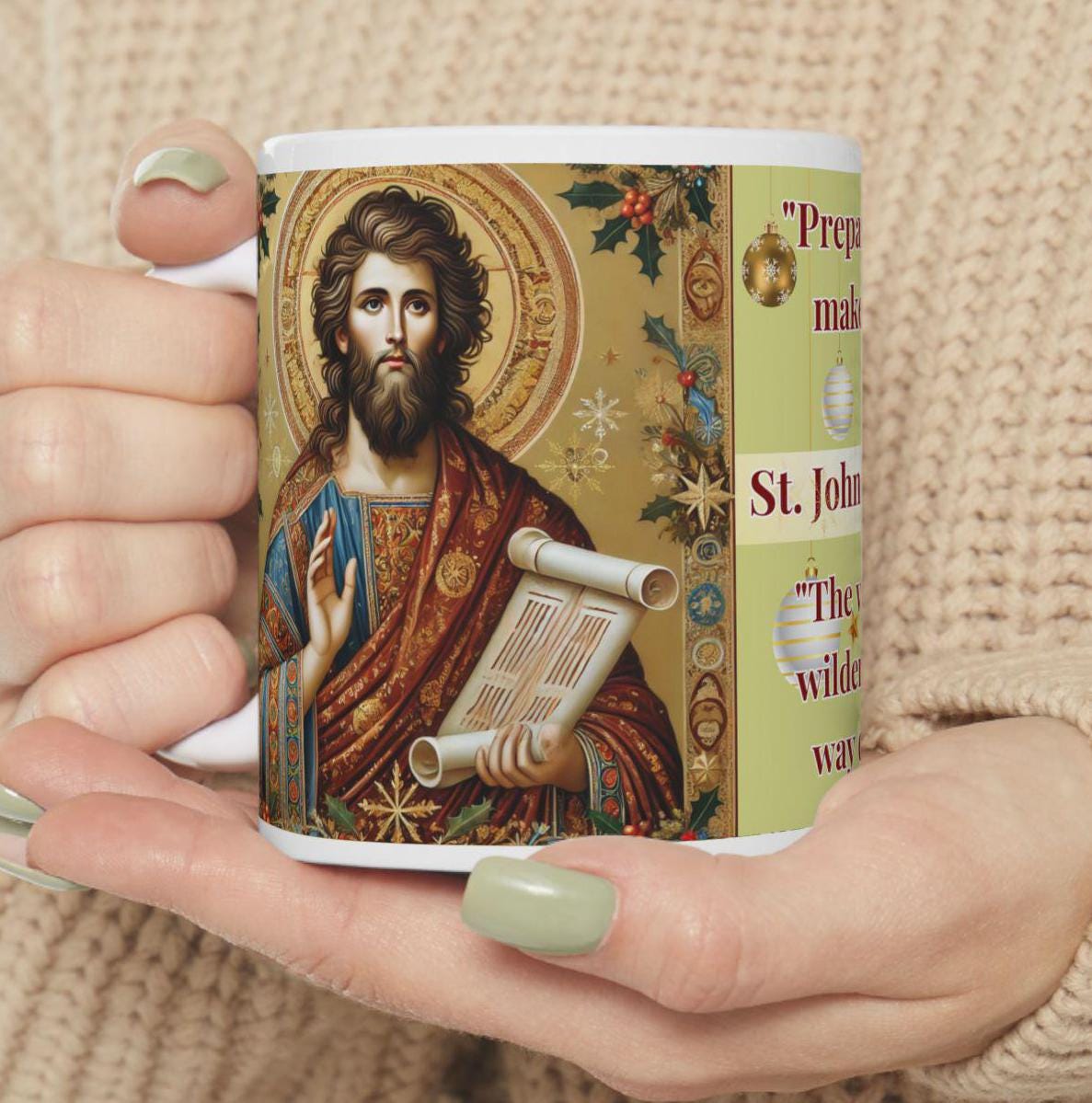 Orthodox Christian 11oz ceramic mug with a vibrant St. John the Baptist design. Durable, microwave- and dishwasher-safe, perfect for coffee or tea. Ideal for baptisms, name days, or as a meaningful gift for any religious occasion