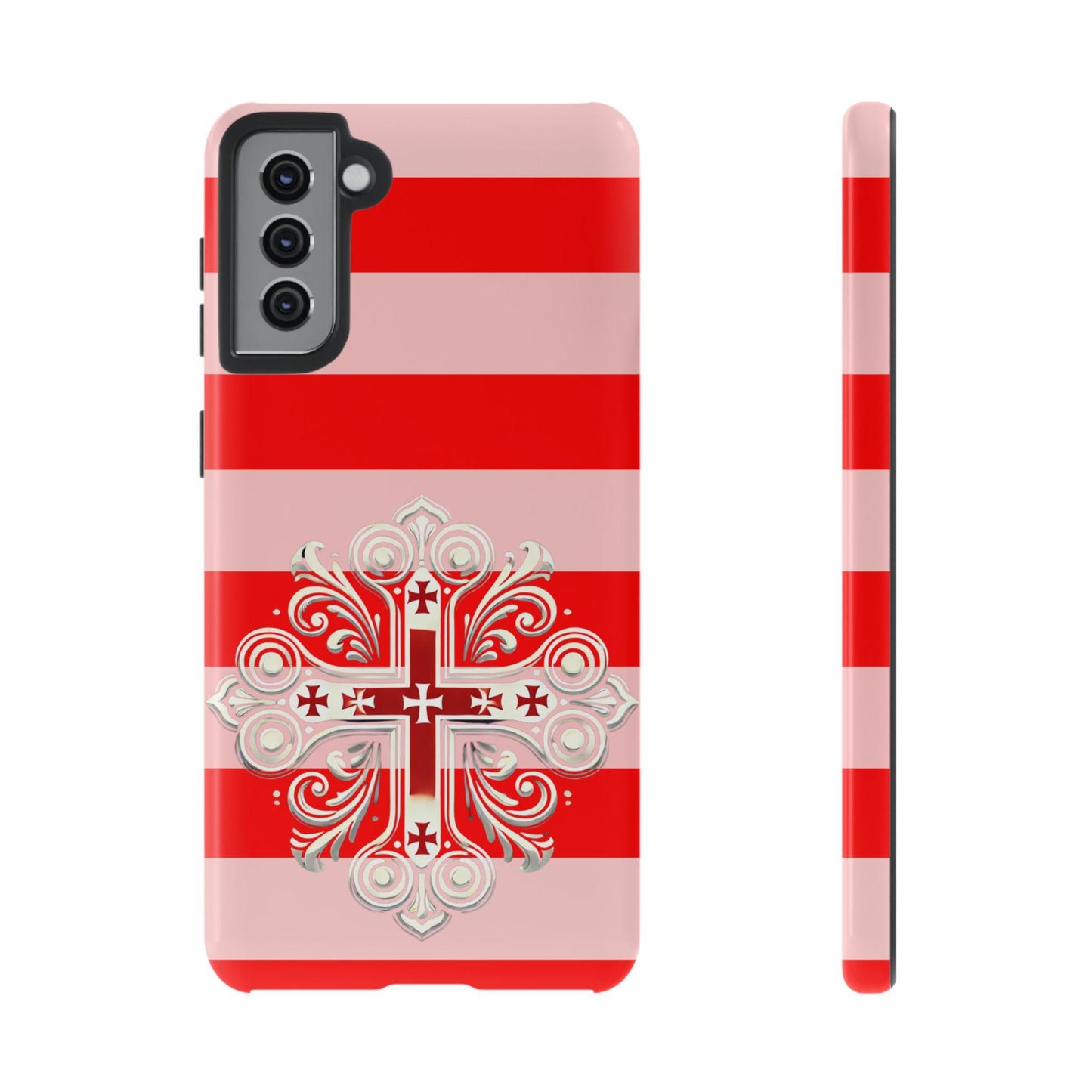 Showcase your Georgian Orthodox faith with this premium phone case featuring a Georgian Orthodox Cross in red and white. Made with polycarbonate & TPU, it’s durable, shock-absorbent, and wireless charging compatible.