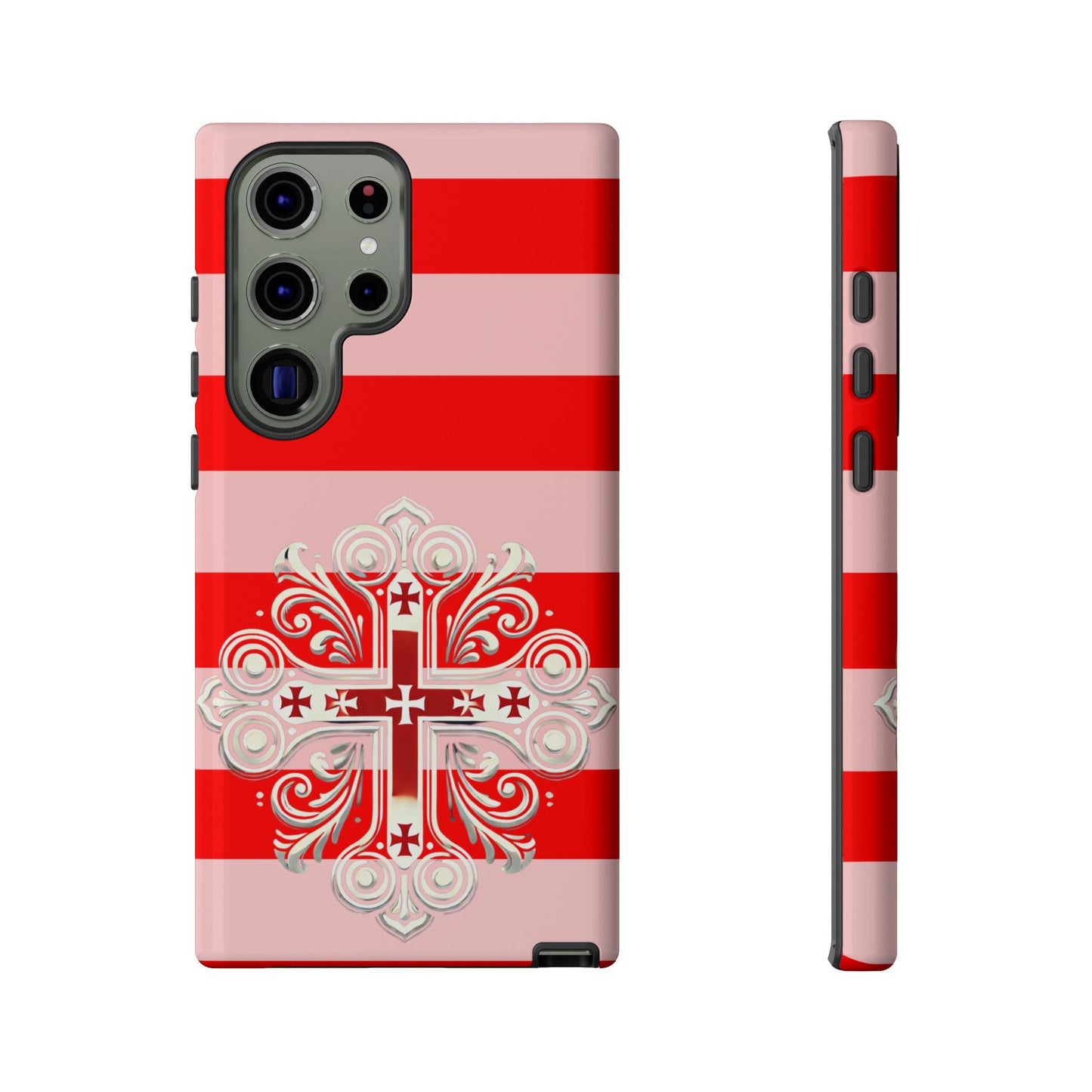Showcase your Georgian Orthodox faith with this premium phone case featuring a Georgian Orthodox Cross in red and white. Made with polycarbonate & TPU, it’s durable, shock-absorbent, and wireless charging compatible.