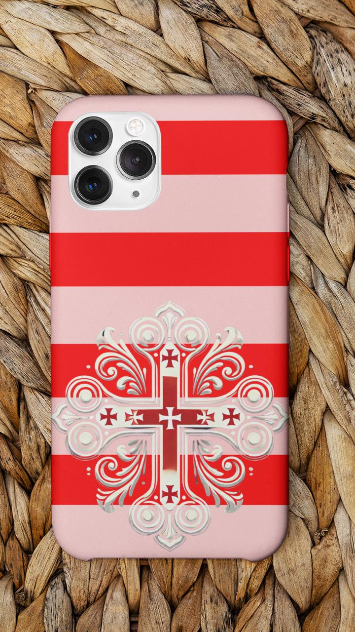 Showcase your Georgian Orthodox faith with this premium phone case featuring a Georgian Orthodox Cross in red and white. Made with polycarbonate & TPU, it’s durable, shock-absorbent, and wireless charging compatible.