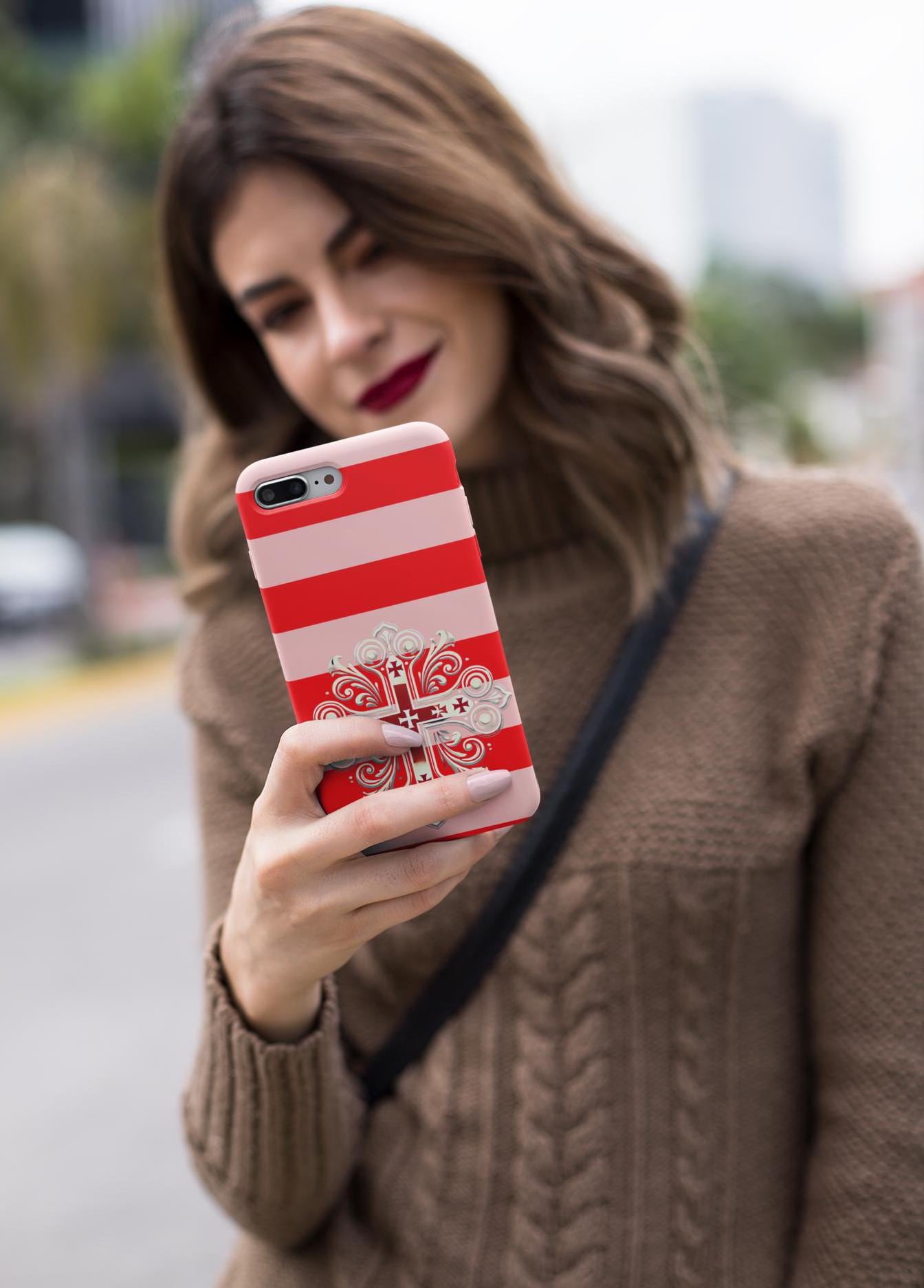 Showcase your Georgian Orthodox faith with this premium phone case featuring a Georgian Orthodox Cross in red and white. Made with polycarbonate & TPU, it’s durable, shock-absorbent, and wireless charging compatible.