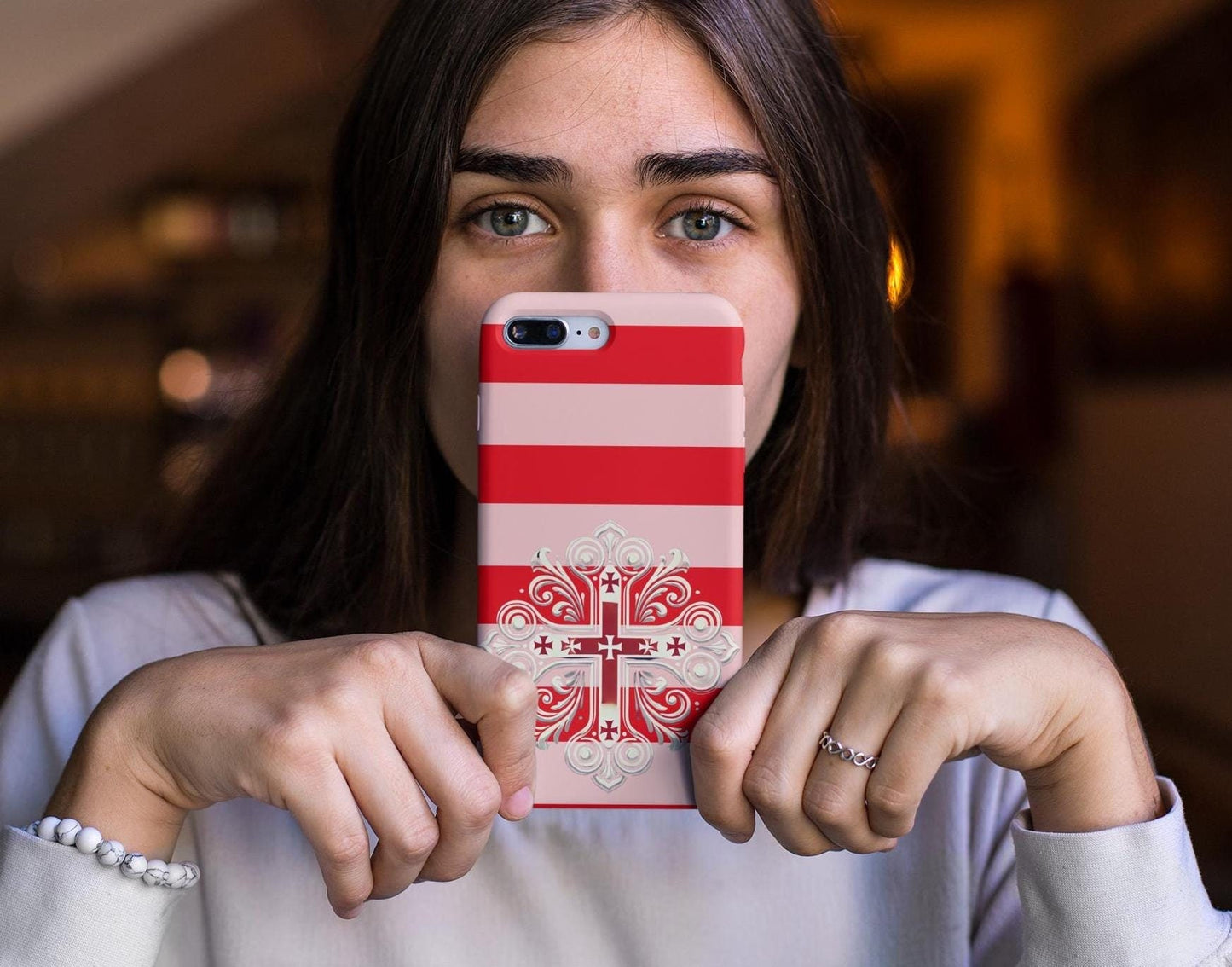 Showcase your Georgian Orthodox faith with this premium phone case featuring a Georgian Orthodox Cross in red and white. Made with polycarbonate & TPU, it’s durable, shock-absorbent, and wireless charging compatible.