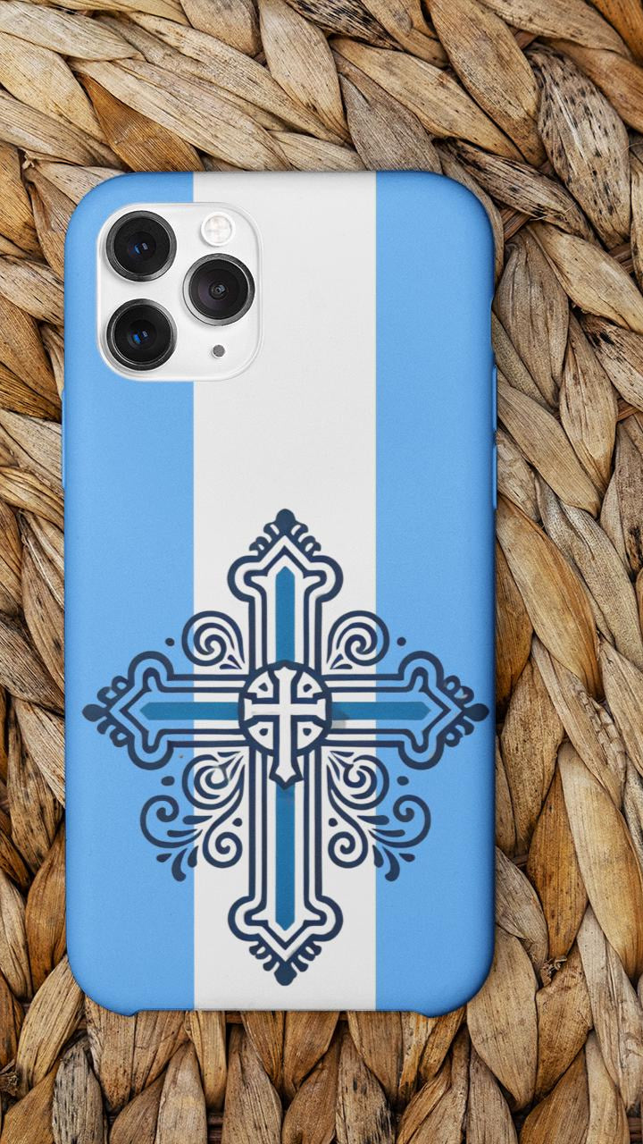 Showcase your Greek Orthodox faith with this premium phone case featuring a Greek Orthodox Cross in blue and white. Made with polycarbonate & TPU, it’s durable, shock-absorbent, and wireless charging compatible.