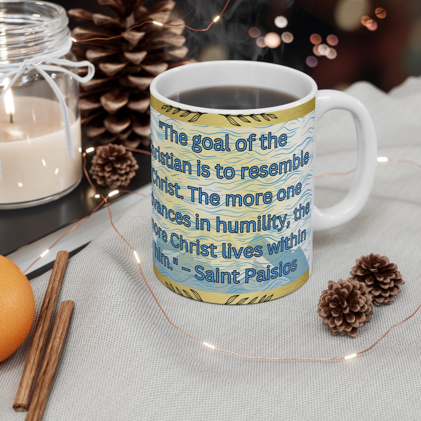 Celebrate Saint Paisios of Mount Athos with this Orthodox Christian Mug, featuring his inspiring quote: "The goal of the Christian is to resemble Christ." Durable ceramic, microwave & dishwasher safe—perfect for daily use, prayer, or as a faith gift.