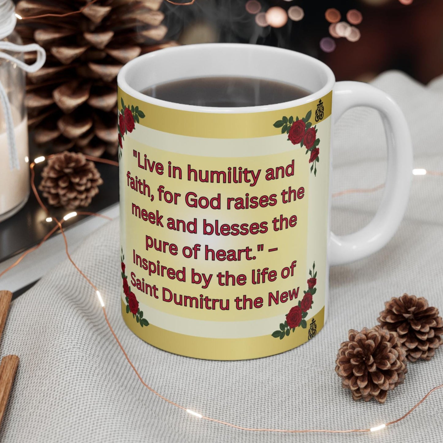 Honor Saint Dumitru the New, the patron saint of Bucharest, with this Orthodox Christian Mug. Made from durable ceramic, it's perfect for daily prayer, reflection, or as a meaningful faith-inspired gift. Microwave & dishwasher safe.