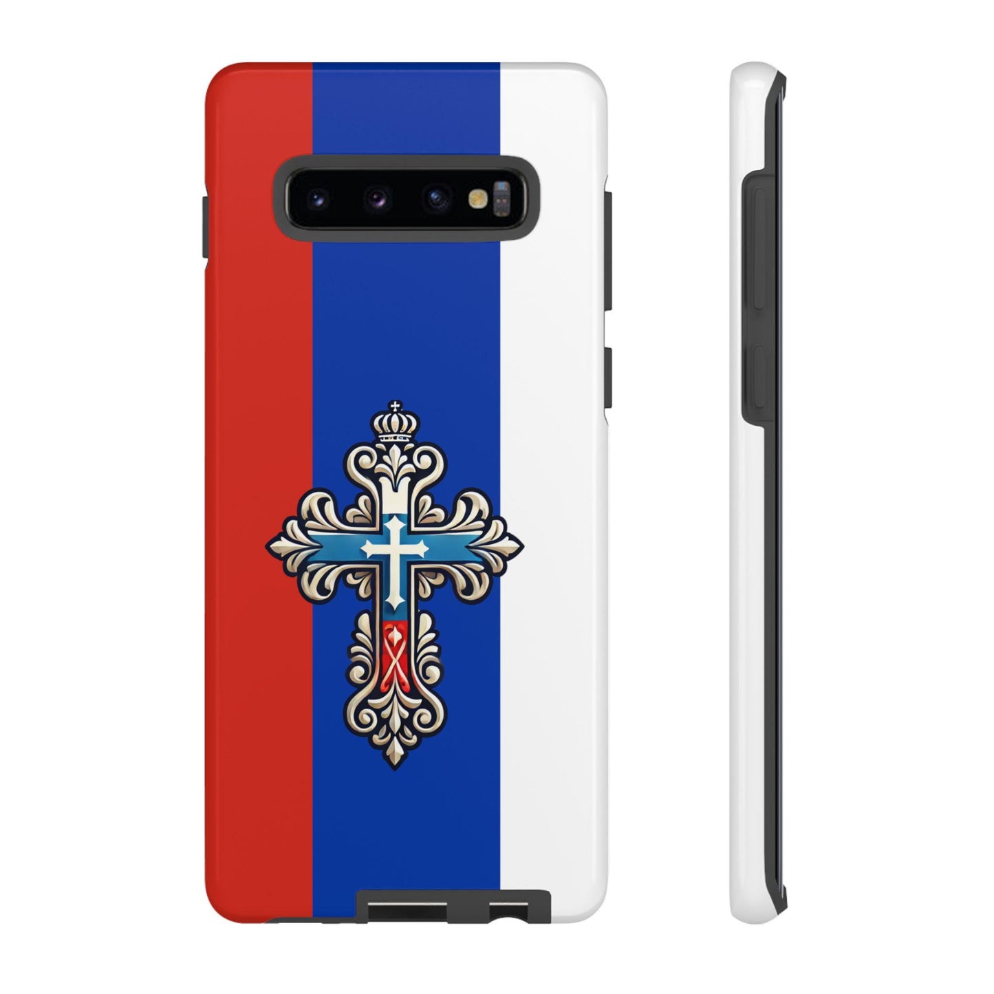 Showcase your Russian Orthodox faith with this premium phone case featuring a Russian Orthodox Cross in white, blue, and red. Made with polycarbonate & TPU, it’s durable, shock-absorbent, and wireless charging compatible.