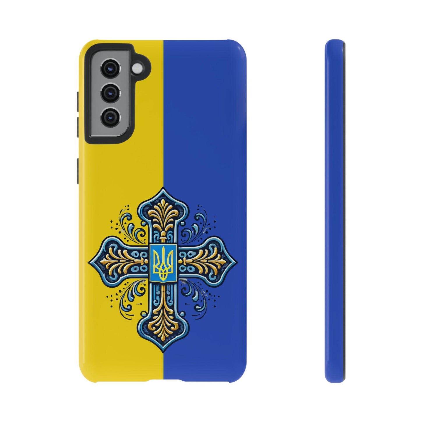 Showcase your Ukrainian Orthodox faith with this premium phone case featuring a Ukrainian Orthodox Cross in blue and yellow. Made with polycarbonate & TPU, it’s durable, shock-absorbent, and wireless charging compatible