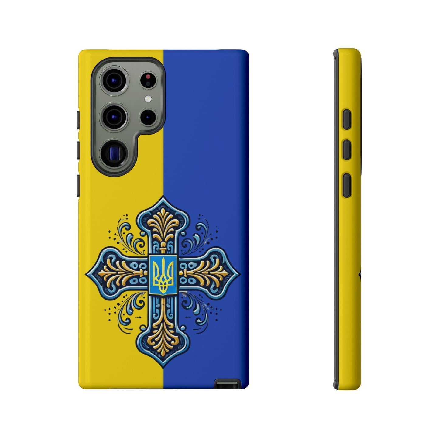 Showcase your Ukrainian Orthodox faith with this premium phone case featuring a Ukrainian Orthodox Cross in blue and yellow. Made with polycarbonate & TPU, it’s durable, shock-absorbent, and wireless charging compatible