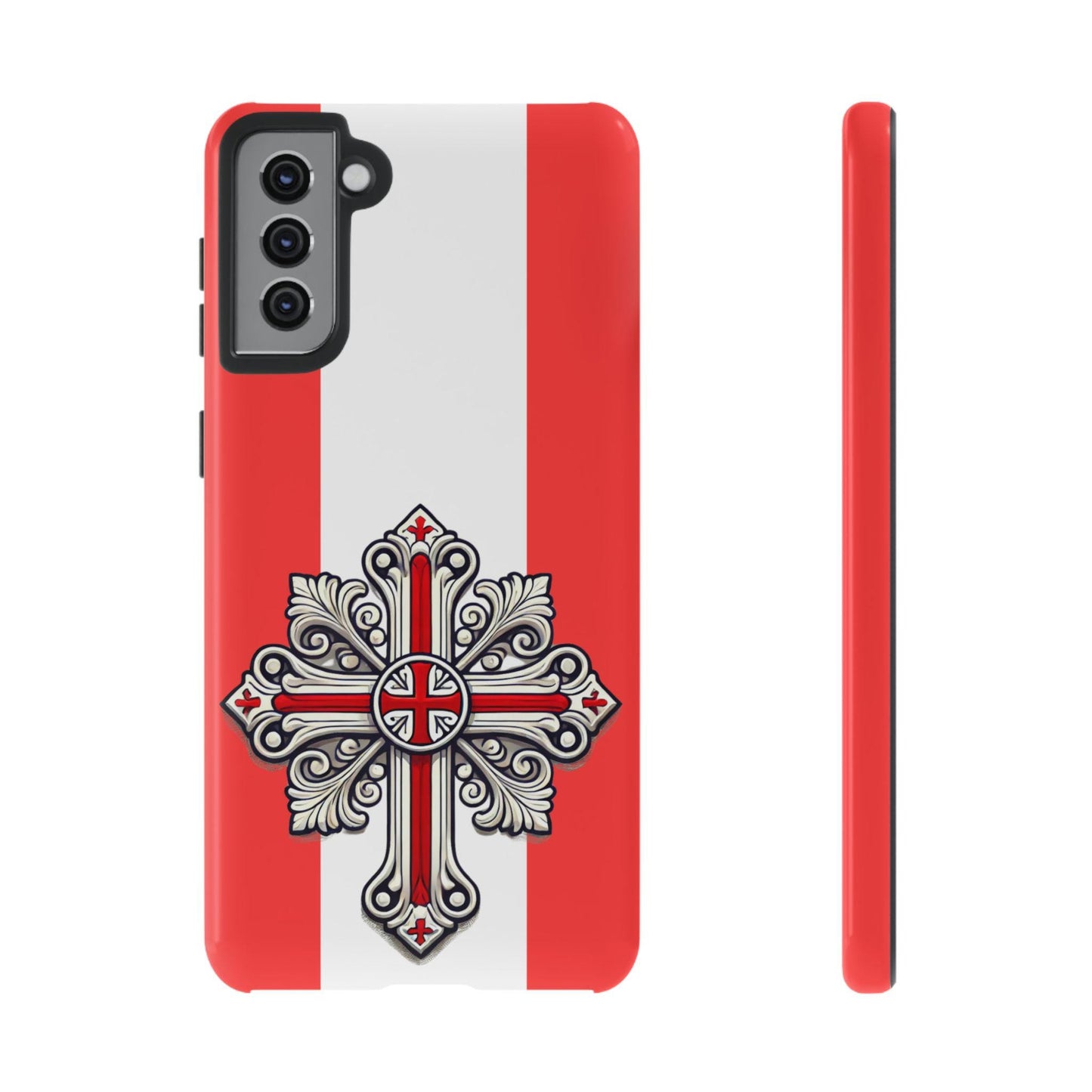 Showcase your English Christian faith with this premium phone case featuring an English Orthodox Cross in red and white. Made with polycarbonate & TPU, it’s durable, shock-absorbent, and wireless charging compatible.