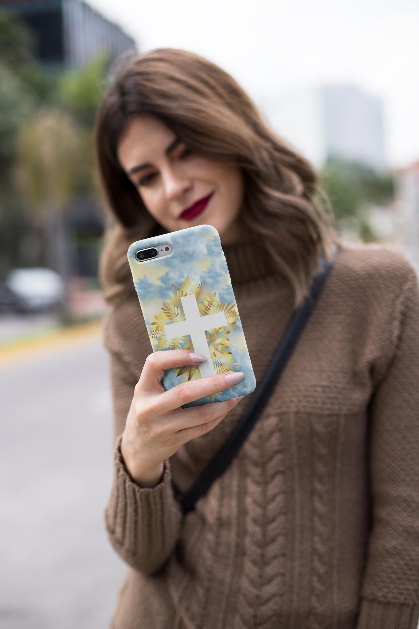 Carry your faith with this Christian Cross Phone Case! Featuring heavenly clouds and a radiant cross, it’s durable, lightweight & wireless charging compatible. A perfect Christian gift for iPhone & Samsung. Order now and stay inspired daily!