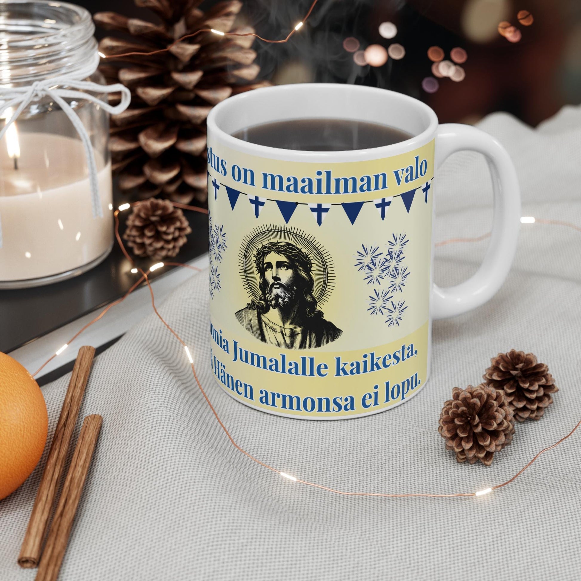 Finnish Orthodox Christian 11oz ceramic mug with a faith-inspired design. Durable, microwave- and dishwasher-safe, perfect for coffee, tea, or as a meaningful gift for baptisms, name days, or Finnish Orthodox celebrations