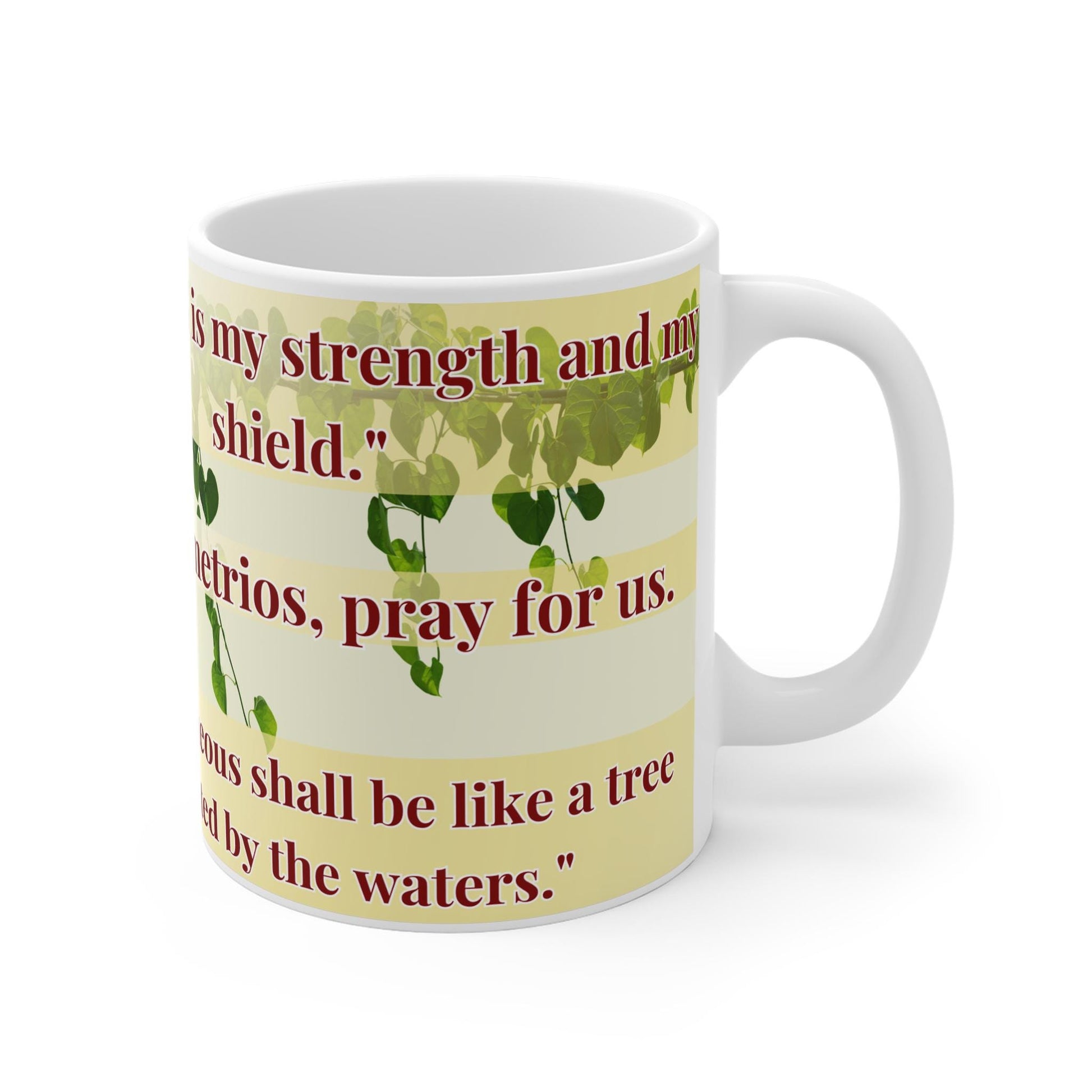 Saint Demetrios of Thessaloniki 11oz ceramic mug with a detailed Orthodox Christian design. Durable, microwave- and dishwasher-safe, perfect for coffee, tea, or as a meaningful gift for baptisms, name days, or celebrations of faith