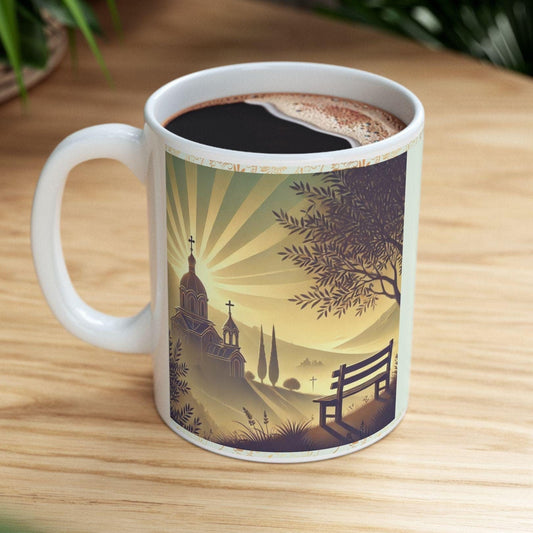 Psalm 143:8 morning prayer ceramic mug featuring the verse &#39;Let the morning bring me word of your unfailing love.&#39; Durable, microwave- and dishwasher-safe, perfect for coffee, tea, or morning devotionals.