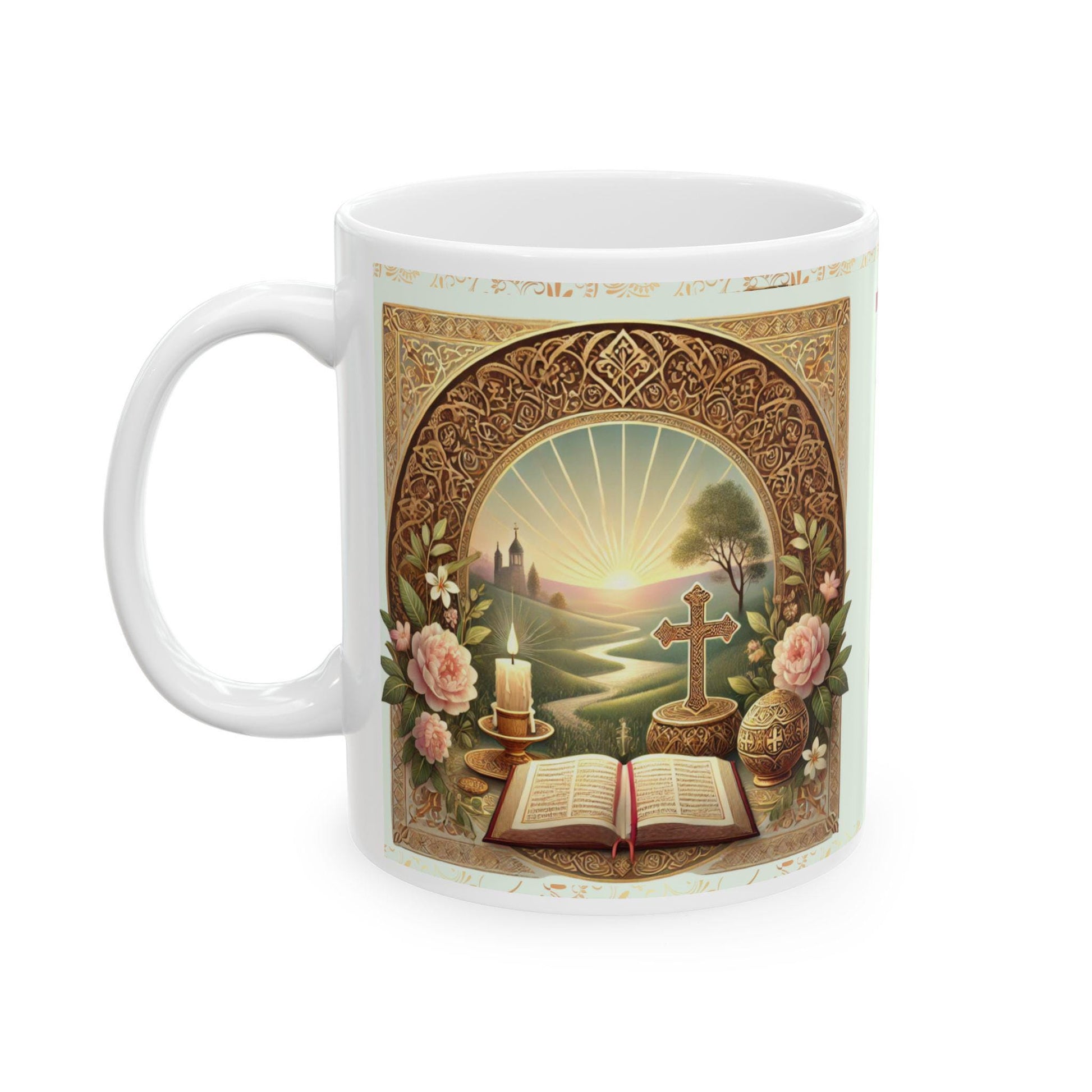 Psalm 5:3 morning prayer ceramic mug featuring the verse &#39;In the morning, Lord, you hear my voice.&#39; Durable, microwave- and dishwasher-safe, perfect for coffee, tea, or morning devotionals.
