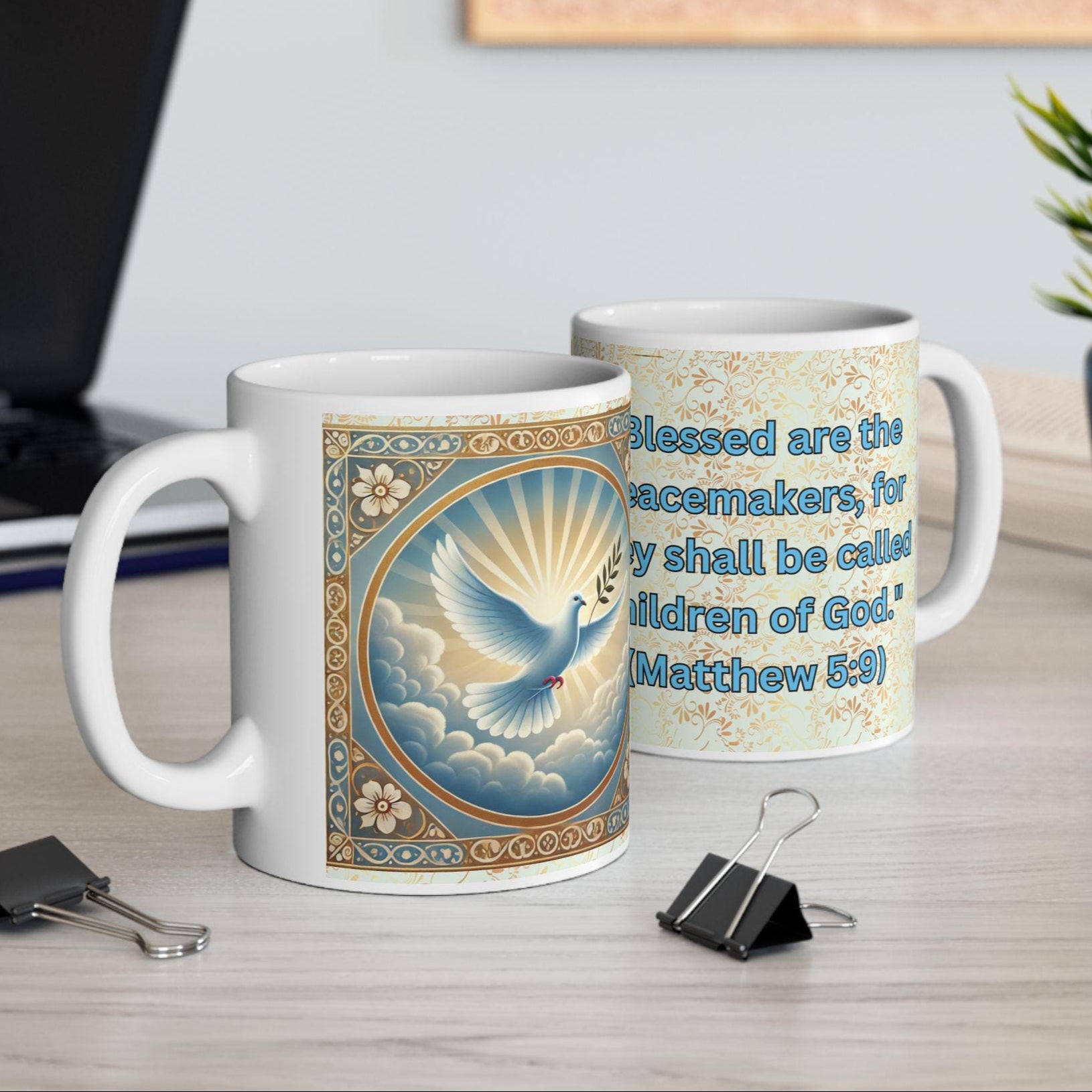 Blessed Are the Peacemakers ceramic mug featuring Matthew 5:9 and a serene dove design. Durable, microwave- and dishwasher-safe, perfect for coffee, tea, or as a meaningful gift for faith-filled moments