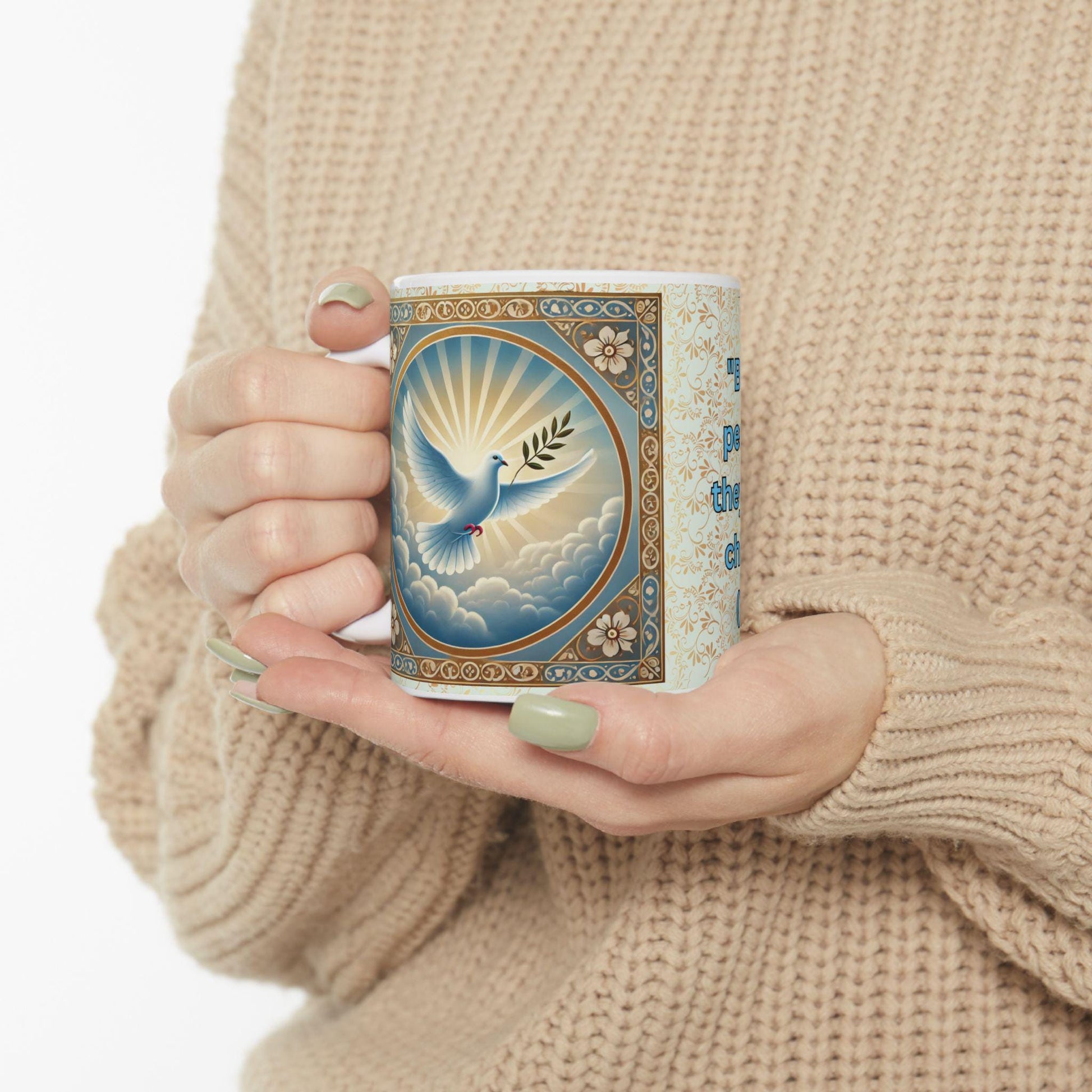 Blessed Are the Peacemakers ceramic mug featuring Matthew 5:9 and a serene dove design. Durable, microwave- and dishwasher-safe, perfect for coffee, tea, or as a meaningful gift for faith-filled moments