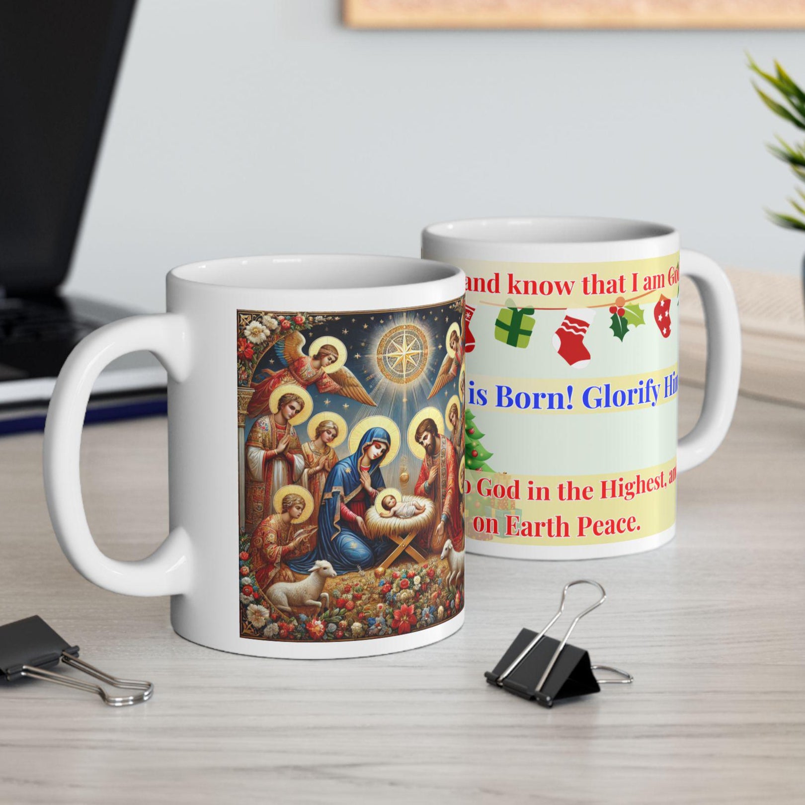 Orthodox Christmas ceramic mug featuring festive Nativity design and holiday elements. Durable, microwave- and dishwasher-safe, perfect for coffee, tea, or as a meaningful gift for Orthodox Christmas celebrations