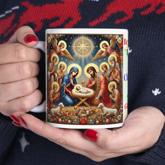 Orthodox Christmas ceramic mug featuring festive Nativity design and holiday elements. Durable, microwave- and dishwasher-safe, perfect for coffee, tea, or as a meaningful gift for Orthodox Christmas celebrations