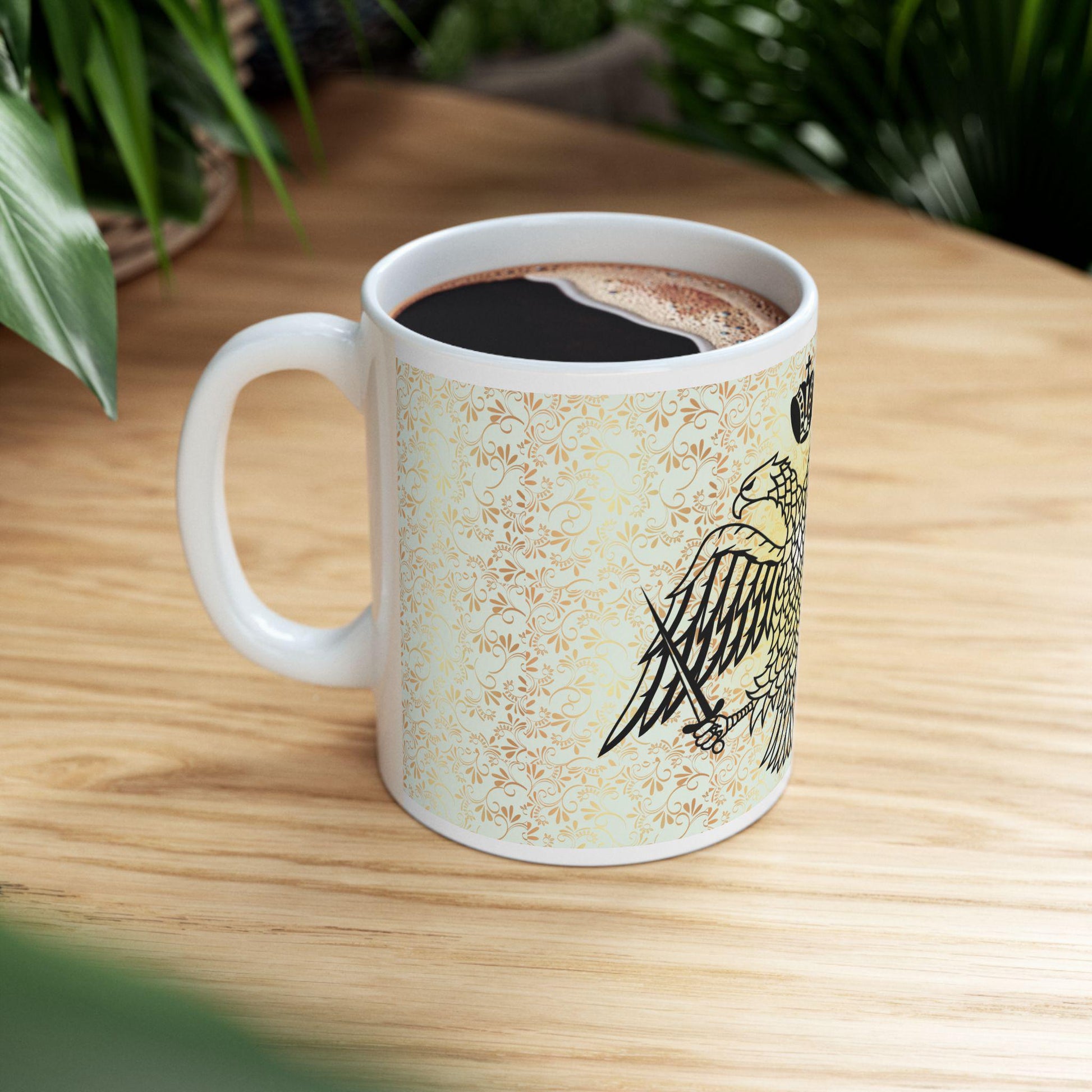 Byzantine Eagle ceramic mug featuring the iconic double-headed eagle design. Durable, microwave- and dishwasher-safe, perfect for coffee, tea, or as a meaningful gift for Orthodox and Byzantine history enthusiasts