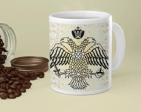 Byzantine Eagle ceramic mug featuring the iconic double-headed eagle design. Durable, microwave- and dishwasher-safe, perfect for coffee, tea, or as a meaningful gift for Orthodox and Byzantine history enthusiasts