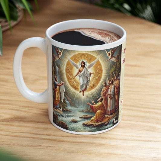 Orthodox Theophany ceramic mug featuring a sacred Baptism of Christ design. Durable, microwave- and dishwasher-safe, perfect for coffee, tea, or as a meaningful gift for Epiphany celebrations.