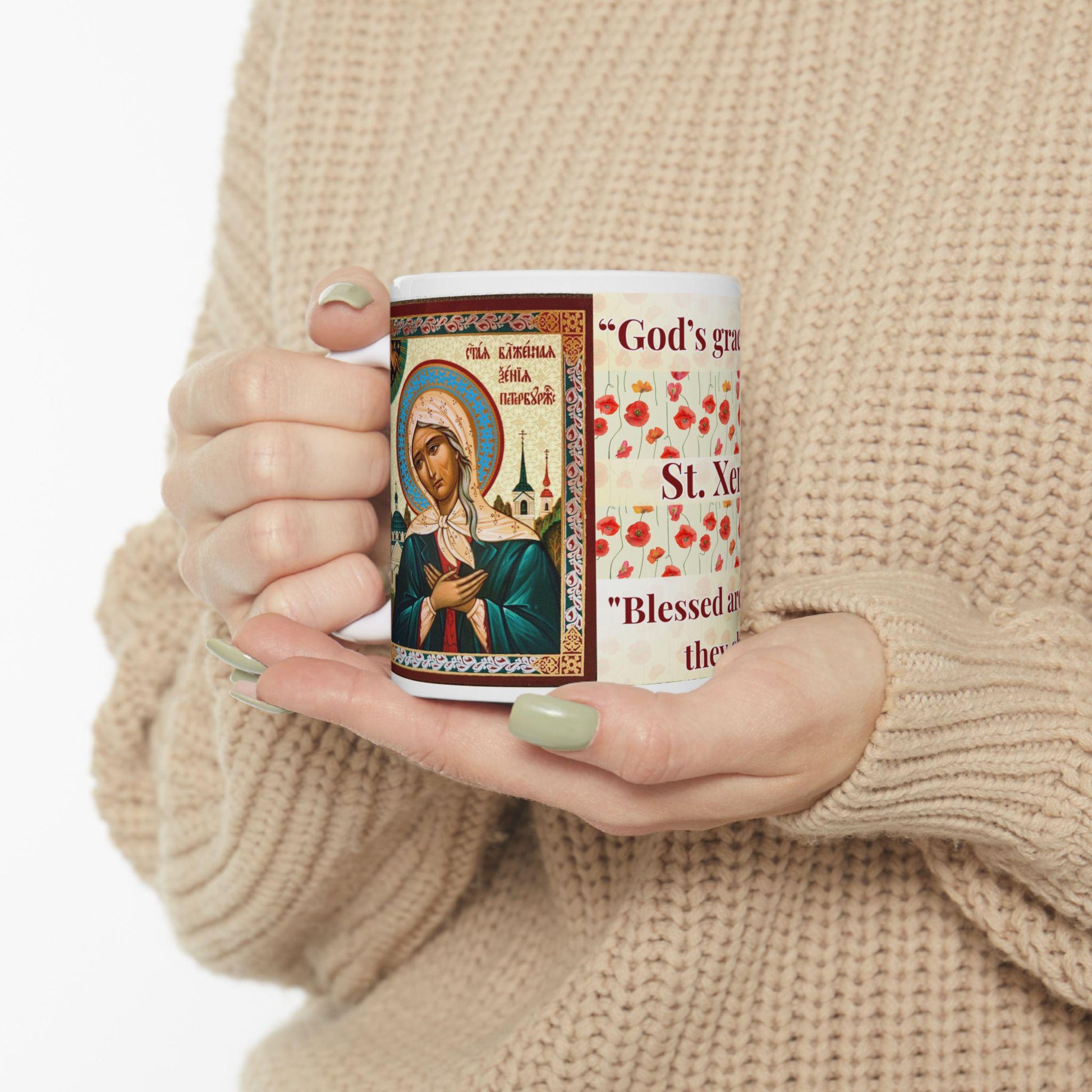 Saint Xenia of St. Petersburg 11oz ceramic mug with a detailed Orthodox Christian design. Durable, microwave- and dishwasher-safe, perfect for coffee, tea, or as a meaningful gift for baptisms, name days, or celebrations of faith