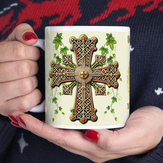 Ethiopian Orthodox Christian 11oz ceramic mug with a faith-inspired design. Durable, microwave- and dishwasher-safe, perfect for coffee, tea, or as a meaningful gift for baptisms, name days, or Ethiopian Orthodox celebrations