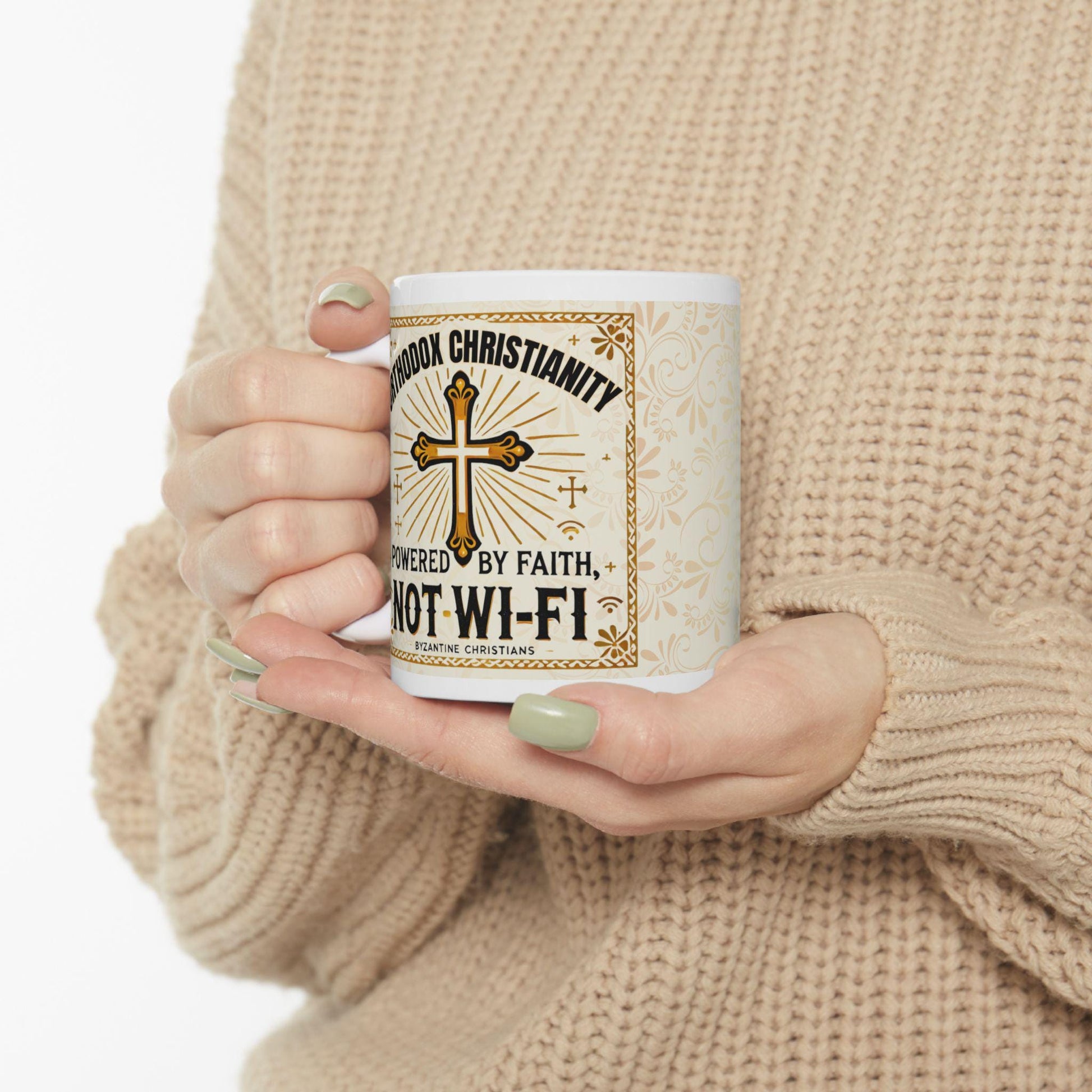 11oz white ceramic mug featuring the humorous phrase &#39;Orthodox Christian Keeping it Real Since 33AD.&#39; Durable, microwave- and dishwasher-safe, perfect for coffee or tea, and a great gift for Orthodox Christians