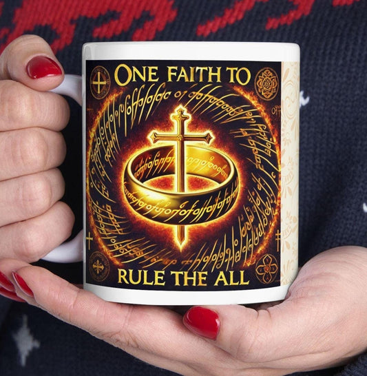 Orthodox Christian ceramic mug with the phrase &#39;The ONE Faith to RULE Them ALL.&#39; Durable 11oz white ceramic mug, microwave- and dishwasher-safe, perfect for coffee, tea, or as a unique religious gift for Orthodox Christians.