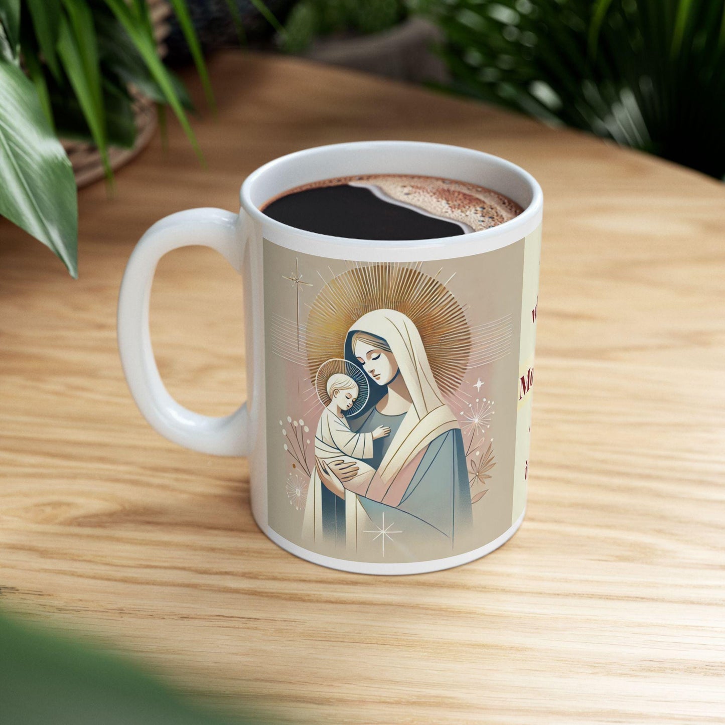 Orthodox Christian ceramic mug featuring a vibrant St. Theotokos design. Perfect for coffee, tea, or as a meaningful gift for Christmas, baptisms, and name days. 11oz white ceramic mug with a durable AAA+ ORCA coating, microwave- and dishwasher-safe
