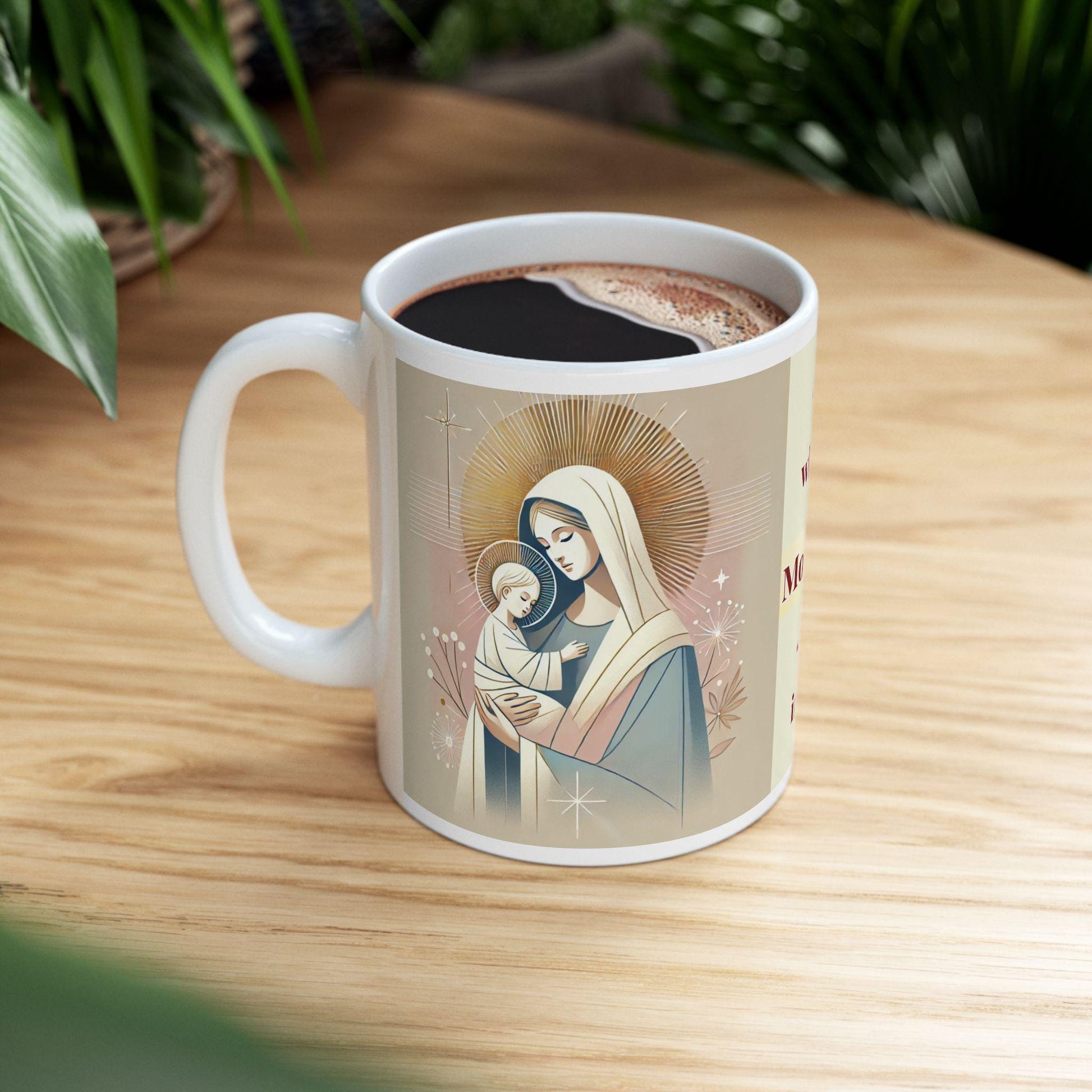 Orthodox Christian ceramic mug featuring a vibrant St. Theotokos design. Perfect for coffee, tea, or as a meaningful gift for Christmas, baptisms, and name days. 11oz white ceramic mug with a durable AAA+ ORCA coating, microwave- and dishwasher-safe