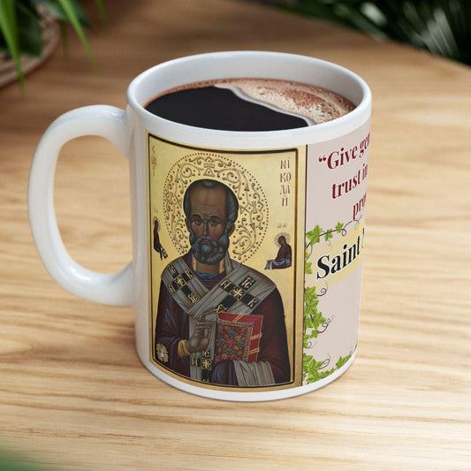 Orthodox Christian ceramic mug featuring a vibrant St. Nicholas design. Perfect for coffee, tea, or as a meaningful gift for Christmas, baptisms, and name days. 11oz white ceramic mug with a durable AAA+ ORCA coating, microwave- and dishwasher-safe
