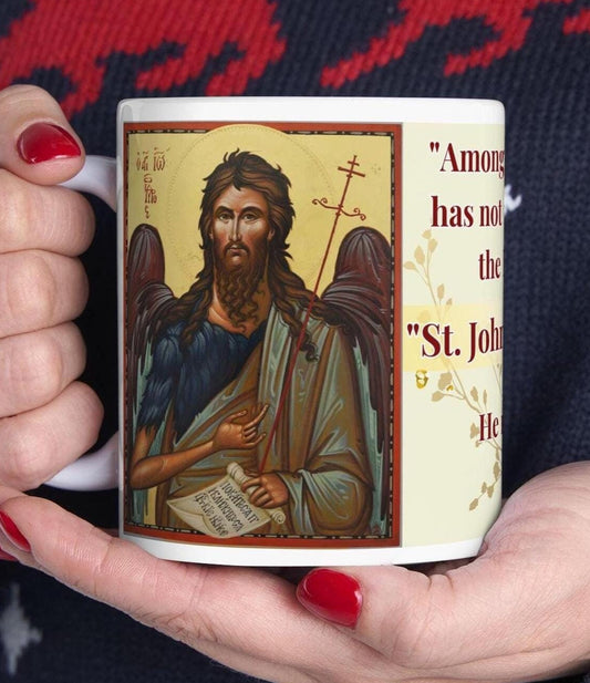 Orthodox Christian 11oz ceramic mug with a vibrant St. John the Baptist design. Durable, microwave- and dishwasher-safe, perfect for coffee or tea. Ideal for baptisms, name days, or as a meaningful gift for any religious occasion