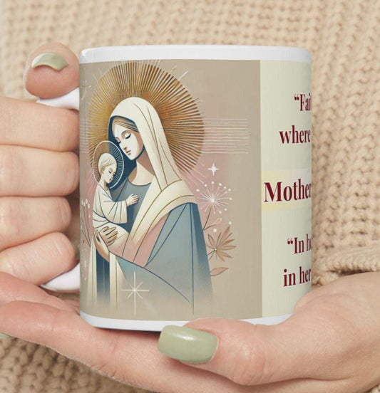 Orthodox Christian ceramic mug featuring a vibrant St. Theotokos design. Perfect for coffee, tea, or as a meaningful gift for Christmas, baptisms, and name days. 11oz white ceramic mug with a durable AAA+ ORCA coating, microwave- and dishwasher-safe