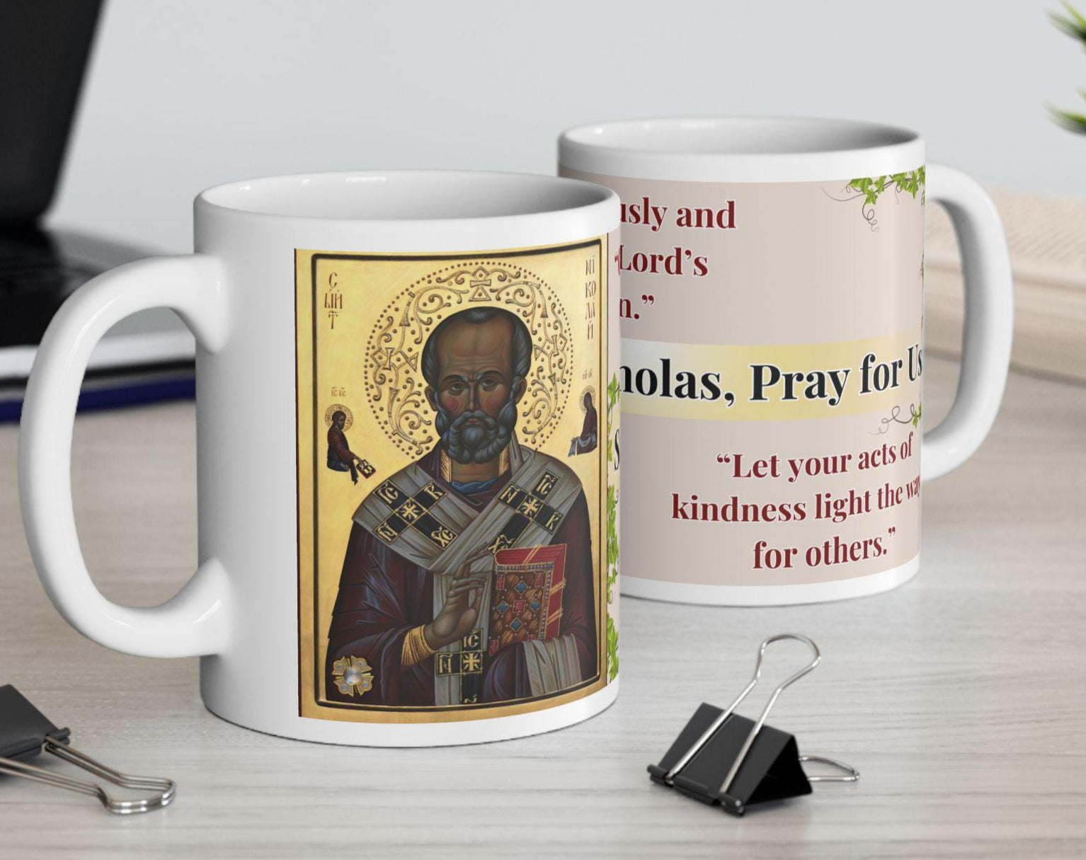 Orthodox Christian ceramic mug featuring a vibrant St. Nicholas design. Perfect for coffee, tea, or as a meaningful gift for Christmas, baptisms, and name days. 11oz white ceramic mug with a durable AAA+ ORCA coating, microwave- and dishwasher-safe