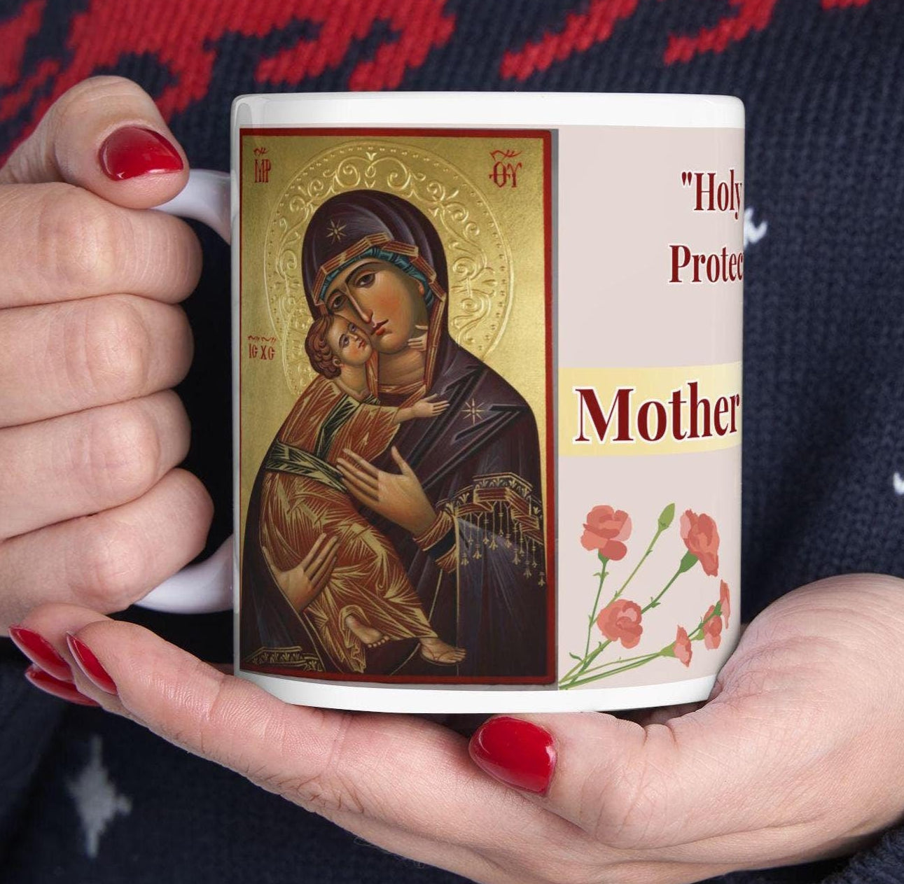 Orthodox Christian ceramic mug featuring a vibrant St. Theotokos design. Perfect for coffee, tea, or as a meaningful gift for Christmas, baptisms, and name days. 11oz white ceramic mug with a durable AAA+ ORCA coating, microwave- and dishwasher-safe