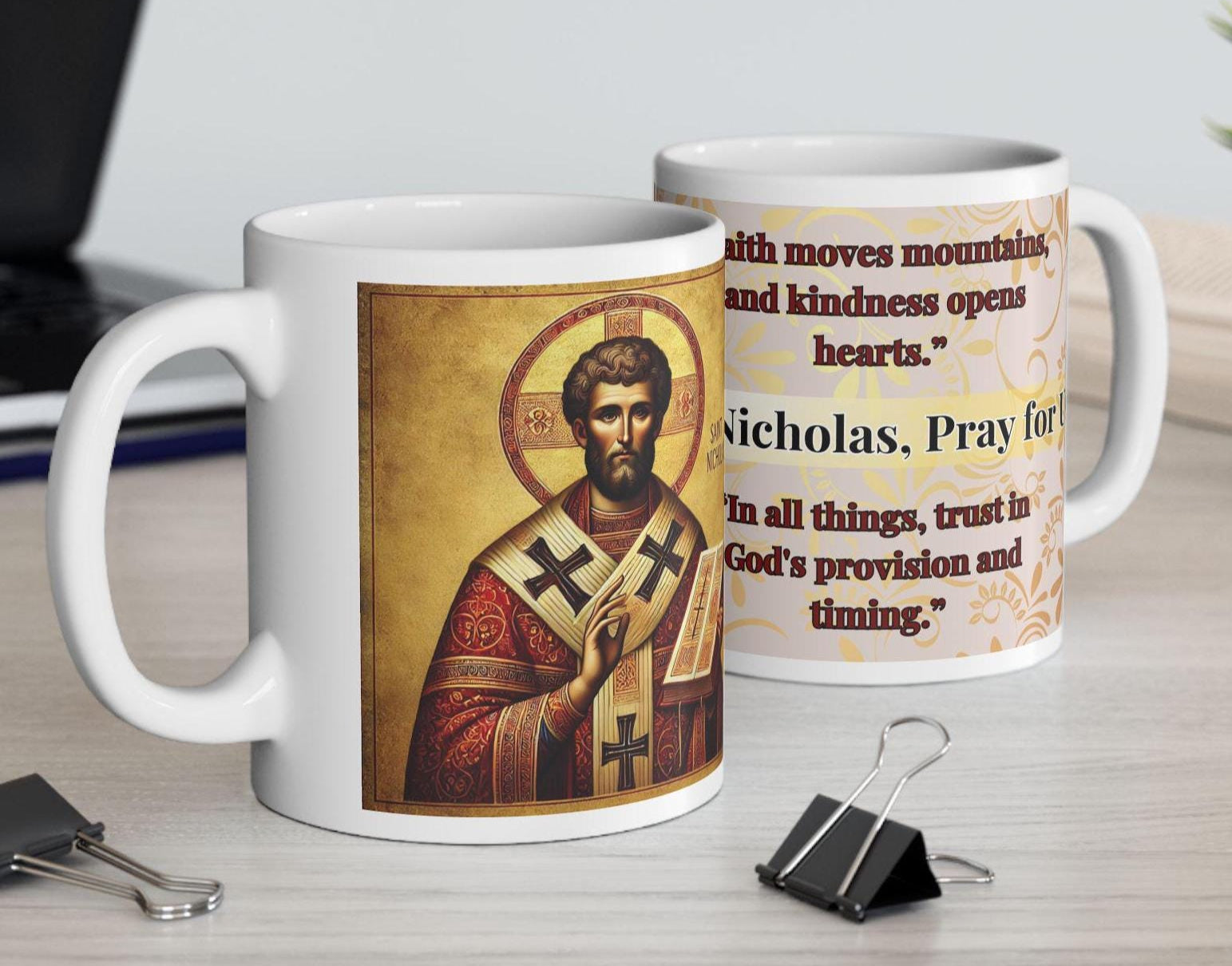 Orthodox Christian ceramic mug featuring a vibrant St. Nicholas design. Perfect for coffee, tea, or as a meaningful gift for Christmas, baptisms, and name days. 11oz white ceramic mug with a durable AAA+ ORCA coating, microwave- and dishwasher-safe