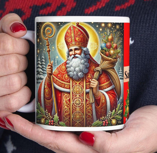 Orthodox Christian ceramic mug featuring a vibrant St. Nicholas design. Perfect for coffee, tea, or as a meaningful gift for Christmas, baptisms, and name days. 11oz white ceramic mug with a durable AAA+ ORCA coating, microwave- and dishwasher-safe