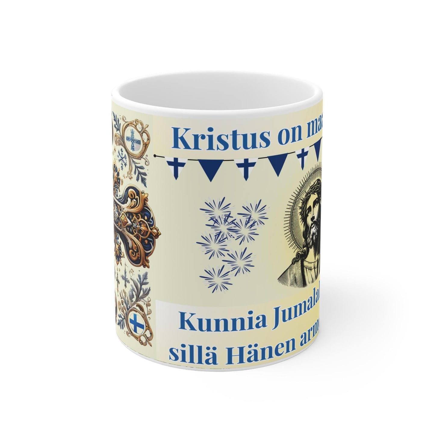 Finnish Orthodox Christian 11oz ceramic mug with a faith-inspired design. Durable, microwave- and dishwasher-safe, perfect for coffee, tea, or as a meaningful gift for baptisms, name days, or Finnish Orthodox celebrations