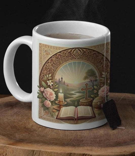 Psalm 5:3 morning prayer ceramic mug featuring the verse &#39;In the morning, Lord, you hear my voice.&#39; Durable, microwave- and dishwasher-safe, perfect for coffee, tea, or morning devotionals.