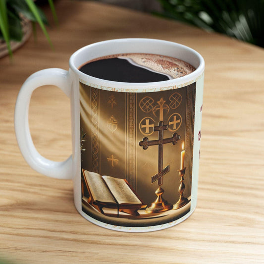 Psalm 119:105 morning prayer ceramic mug featuring the verse &#39;Your word is a lamp to my feet and a light to my path.&#39; Durable, microwave- and dishwasher-safe, perfect for coffee, tea, or morning devotionals