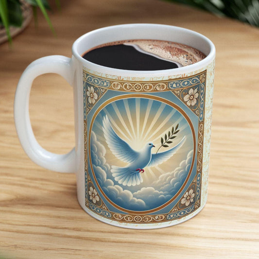 Blessed Are the Peacemakers ceramic mug featuring Matthew 5:9 and a serene dove design. Durable, microwave- and dishwasher-safe, perfect for coffee, tea, or as a meaningful gift for faith-filled moments