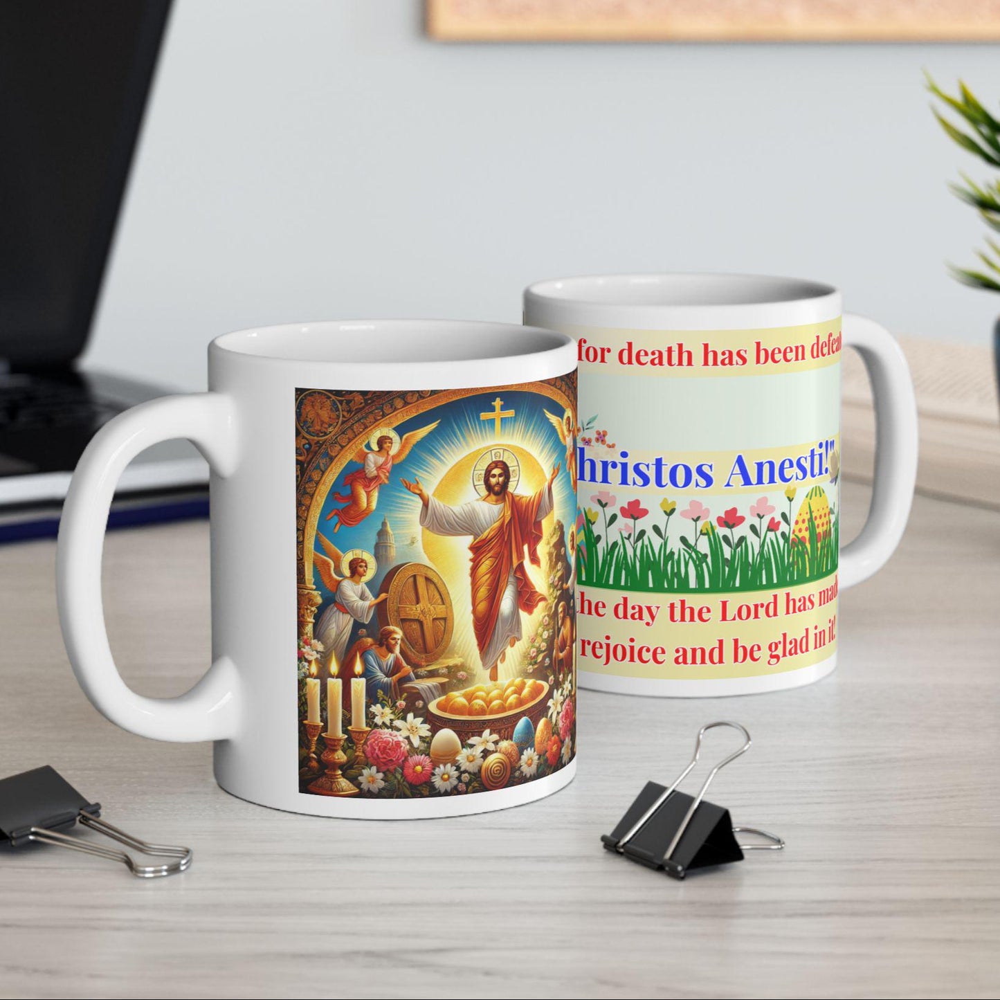 Orthodox Easter ceramic mug featuring a vibrant Resurrection of Christ design. Durable, microwave- and dishwasher-safe, perfect for coffee, tea, or as a meaningful gift for Paschal celebrations