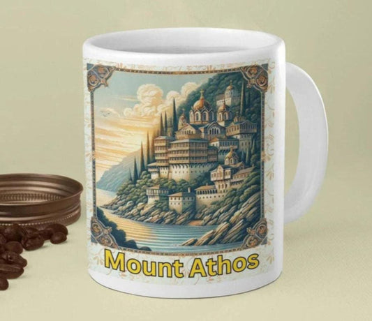 Mount Athos ceramic mug featuring a tranquil Orthodox Christian design. Durable, microwave- and dishwasher-safe, perfect for coffee, tea, or as a meaningful gift for pilgrims and Orthodox Christians.