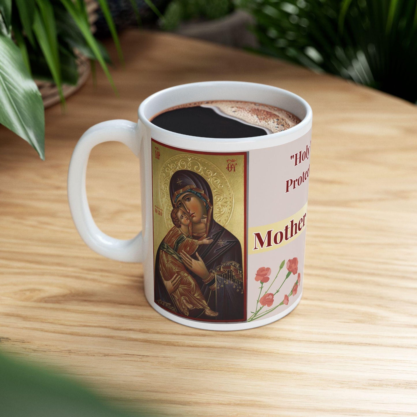 Orthodox Christian ceramic mug featuring a vibrant St. Theotokos design. Perfect for coffee, tea, or as a meaningful gift for Christmas, baptisms, and name days. 11oz white ceramic mug with a durable AAA+ ORCA coating, microwave- and dishwasher-safe