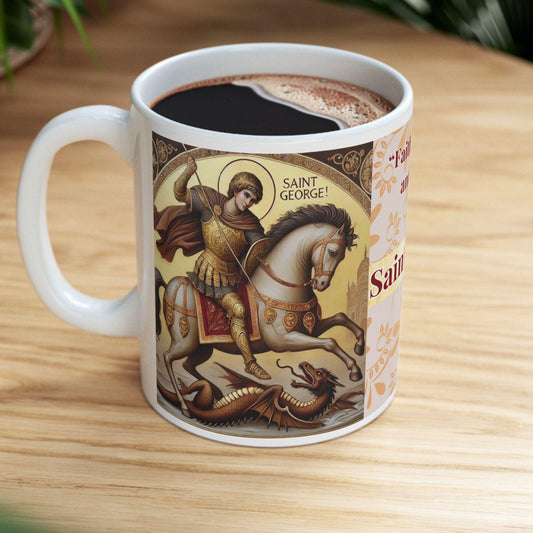 Orthodox Christian ceramic mug featuring a vibrant St. George design. Perfect for coffee, tea, or as a meaningful gift for Christmas, baptisms, and name days. 11oz white ceramic mug with a durable AAA+ ORCA coating, microwave- and dishwasher-safe