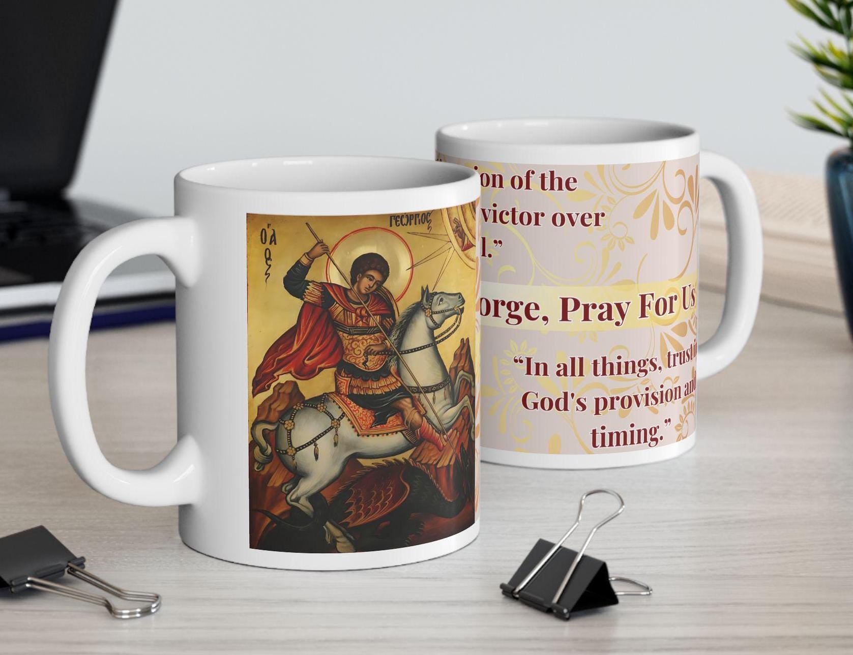 Orthodox Christian ceramic mug featuring a vibrant St. George design. Perfect for coffee, tea, or as a meaningful gift for Christmas, baptisms, and name days. 11oz white ceramic mug with a durable AAA+ ORCA coating, microwave- and dishwasher-safe