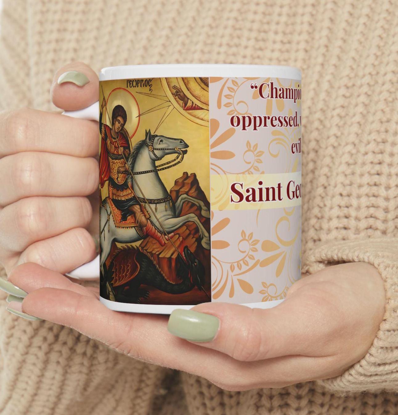 Orthodox Christian ceramic mug featuring a vibrant St. George design. Perfect for coffee, tea, or as a meaningful gift for Christmas, baptisms, and name days. 11oz white ceramic mug with a durable AAA+ ORCA coating, microwave- and dishwasher-safe