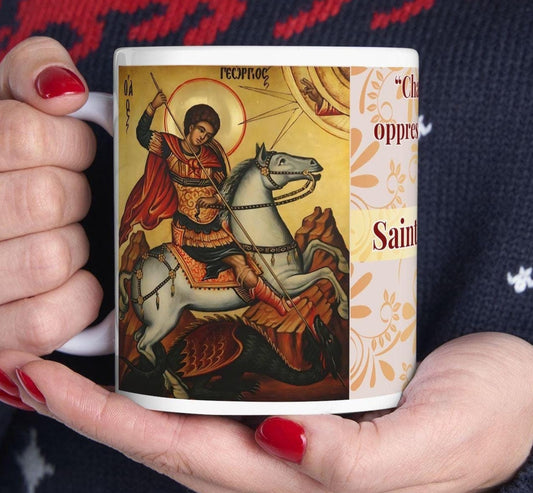 Orthodox Christian ceramic mug featuring a vibrant St. George design. Perfect for coffee, tea, or as a meaningful gift for Christmas, baptisms, and name days. 11oz white ceramic mug with a durable AAA+ ORCA coating, microwave- and dishwasher-safe